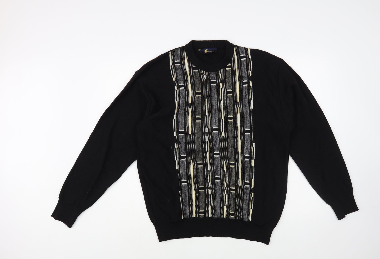 Gabicci Mens Black Crew Neck Geometric Wool Pullover Jumper Size L