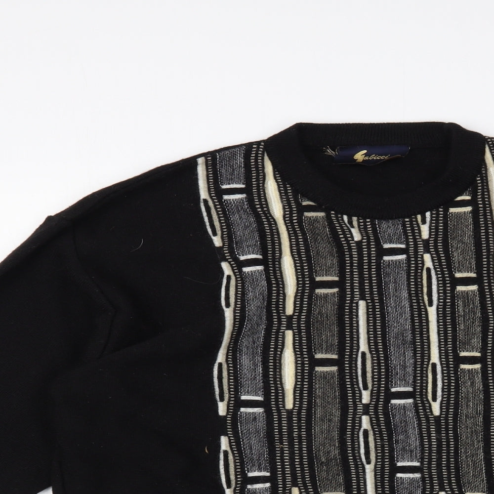 Gabicci Mens Black Crew Neck Geometric Wool Pullover Jumper Size L