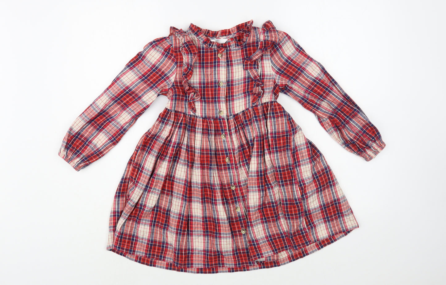 Marks and Spencer Girls Red Plaid Cotton Fit & Flare  Size 5-6 Years  Collared Button
