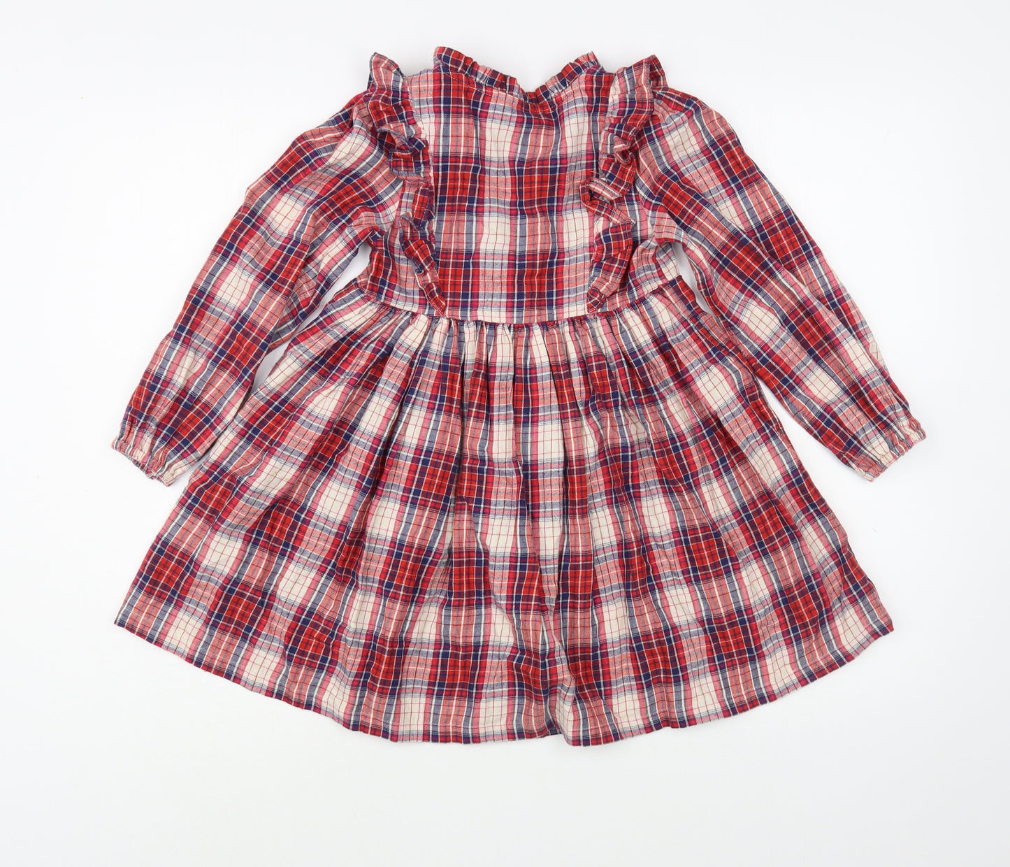 Marks and Spencer Girls Red Plaid Cotton Fit & Flare  Size 5-6 Years  Collared Button