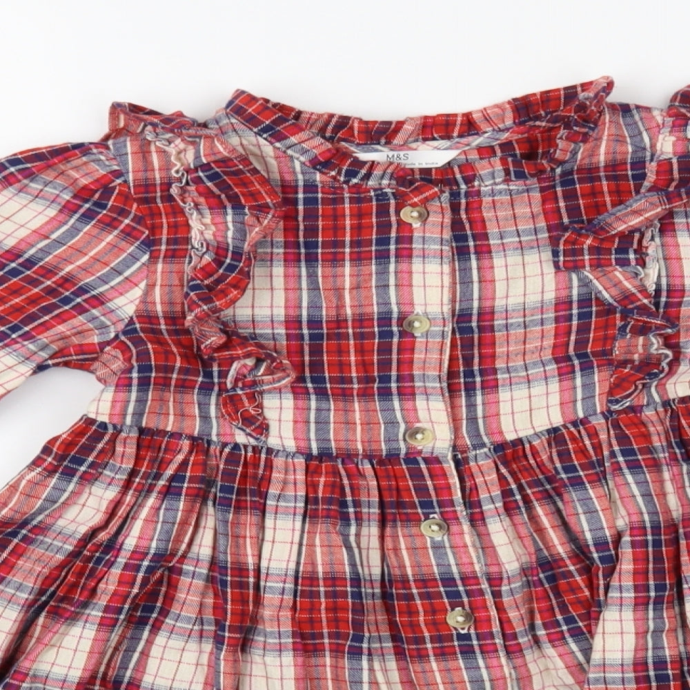 Marks and Spencer Girls Red Plaid Cotton Fit & Flare  Size 5-6 Years  Collared Button