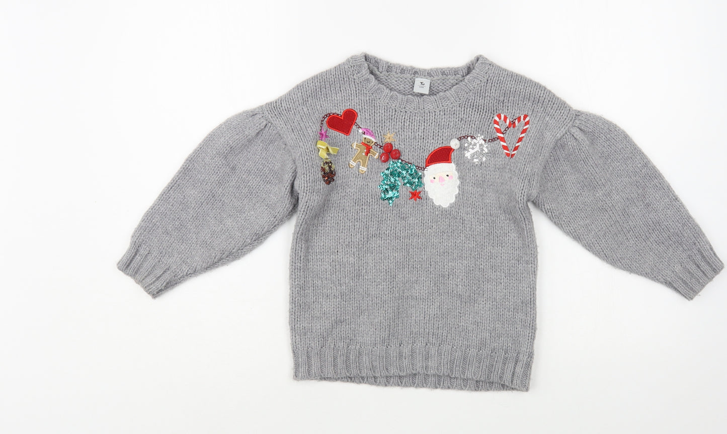 TU Girls Grey Crew Neck  Acrylic Pullover Jumper Size 6 Years  Pullover - Christmas Jumper
