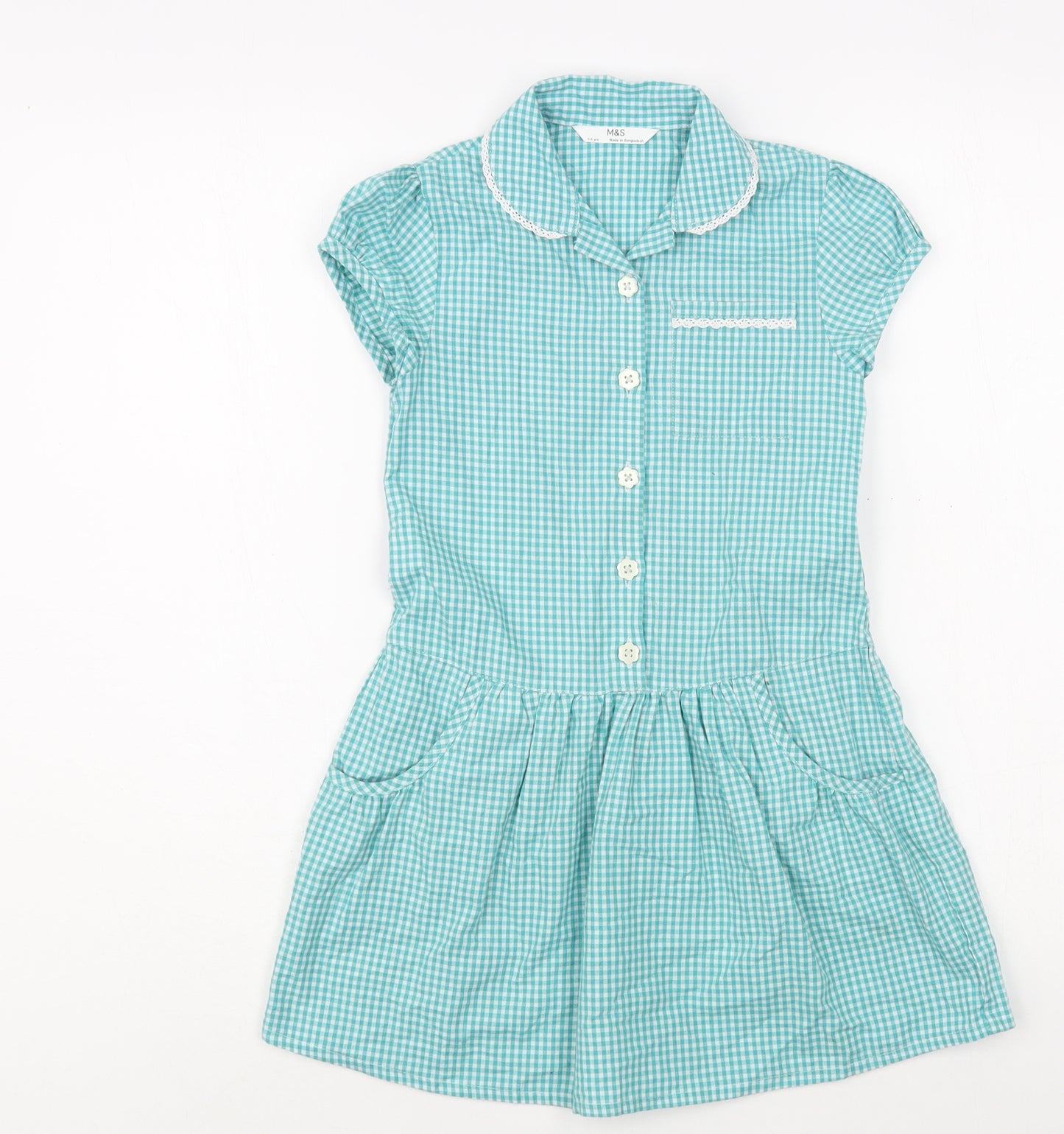 Marks and Spencer Girls Green Gingham Cotton Shirt Dress  Size 5-6 Years  Collared Button - Schoolwear