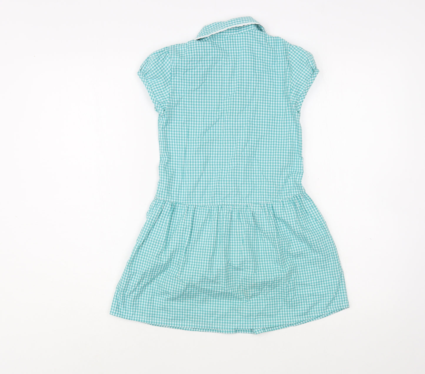 Marks and Spencer Girls Green Gingham Cotton Shirt Dress  Size 5-6 Years  Collared Button - Schoolwear