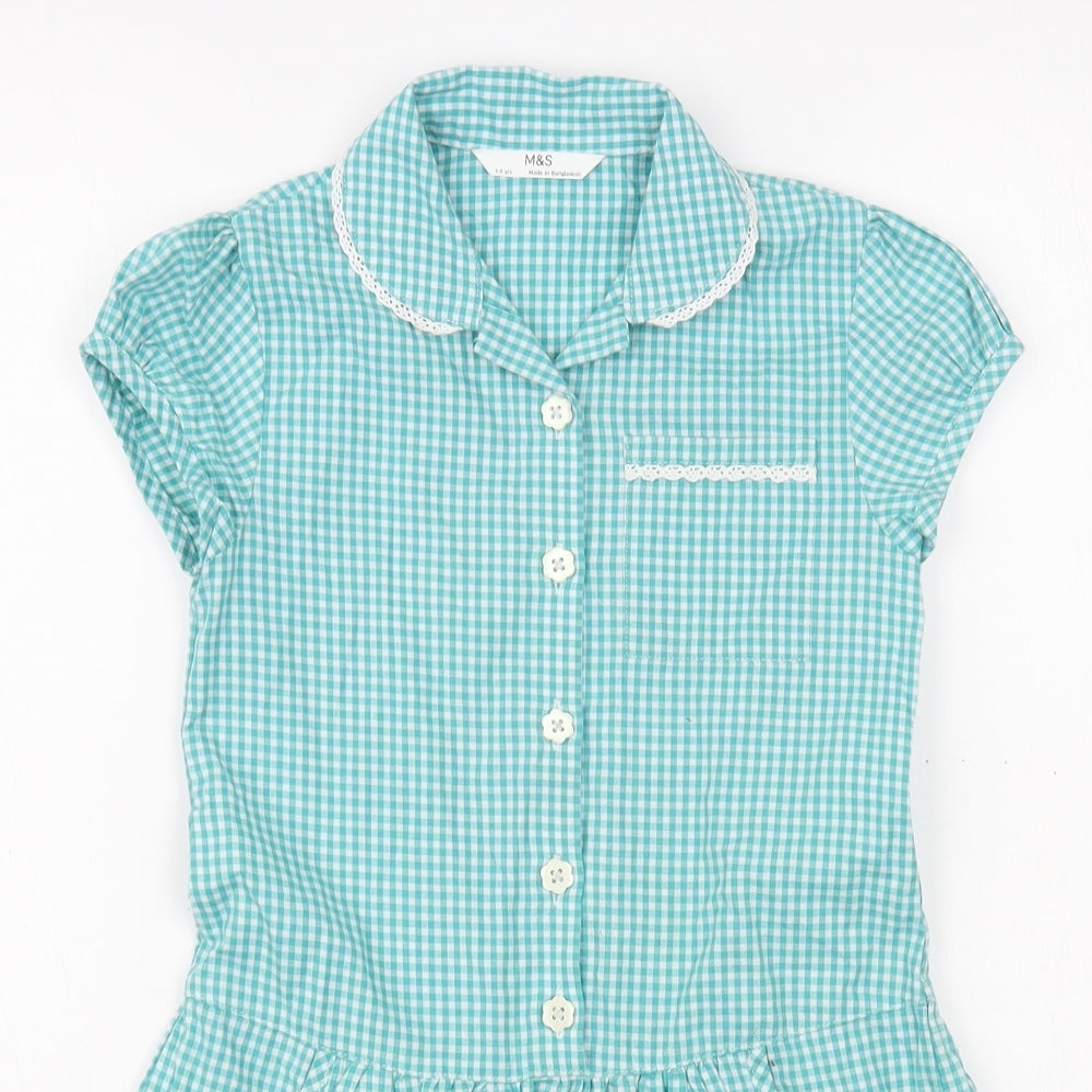 Marks and Spencer Girls Green Gingham Cotton Shirt Dress  Size 5-6 Years  Collared Button - Schoolwear