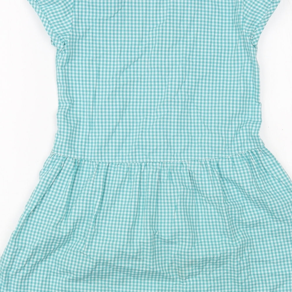 Marks and Spencer Girls Green Gingham Cotton Shirt Dress  Size 5-6 Years  Collared Button - Schoolwear