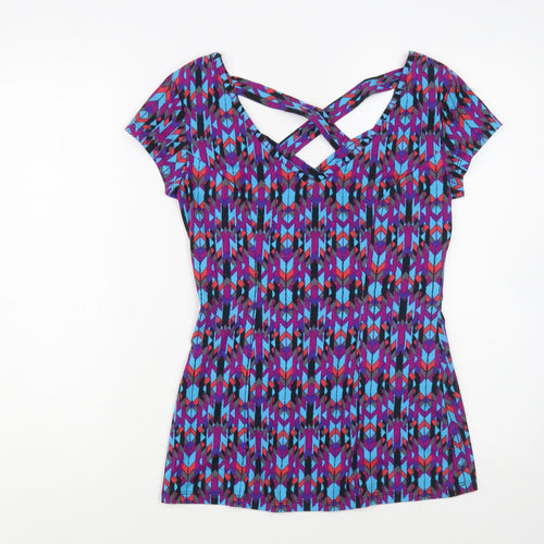 No Boundaries Womens Multicoloured Geometric Cotton Basic T-Shirt Size S V-Neck