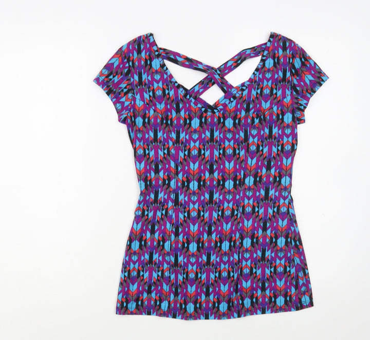 No Boundaries Womens Multicoloured Geometric Cotton Basic T-Shirt Size S V-Neck