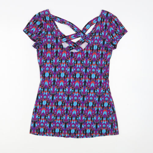 No Boundaries Womens Multicoloured Geometric Cotton Basic T-Shirt Size S V-Neck
