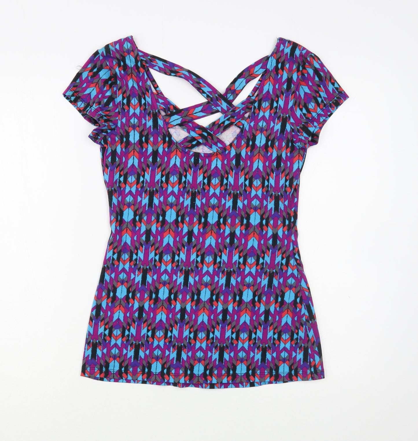 No Boundaries Womens Multicoloured Geometric Cotton Basic T-Shirt Size S V-Neck