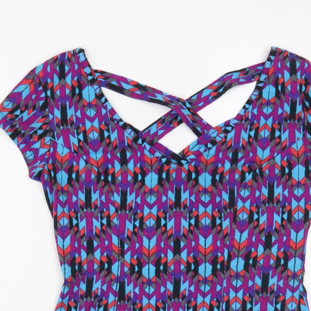 No Boundaries Womens Multicoloured Geometric Cotton Basic T-Shirt Size S V-Neck