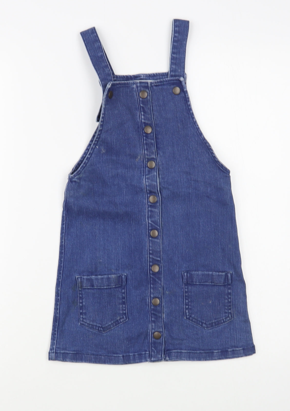 Marks and Spencer Girls Blue  Cotton Pinafore/Dungaree Dress  Size 5-6 Years  Square Neck Snap