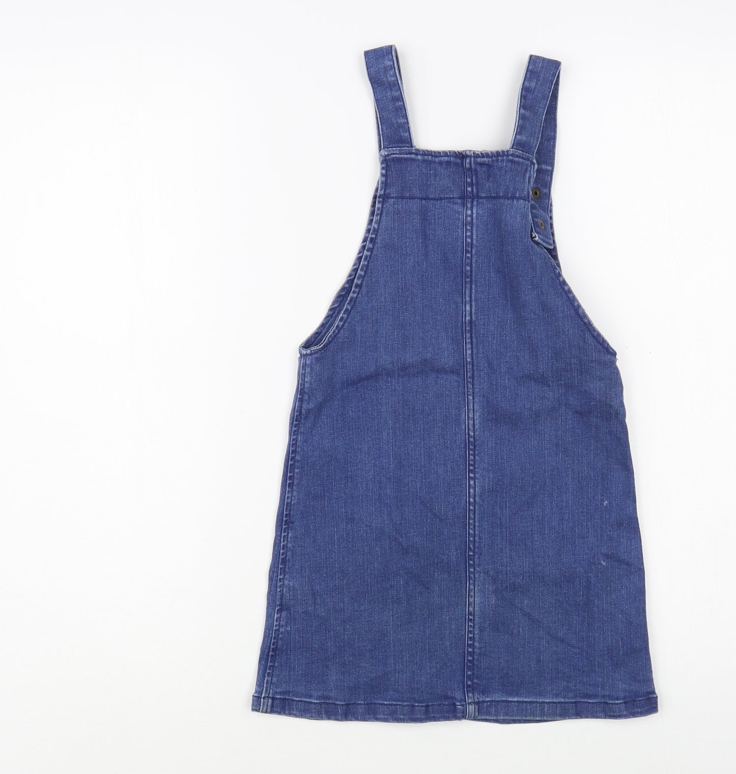 Marks and Spencer Girls Blue  Cotton Pinafore/Dungaree Dress  Size 5-6 Years  Square Neck Snap