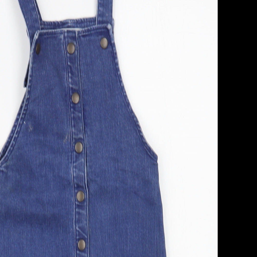 Marks and Spencer Girls Blue  Cotton Pinafore/Dungaree Dress  Size 5-6 Years  Square Neck Snap
