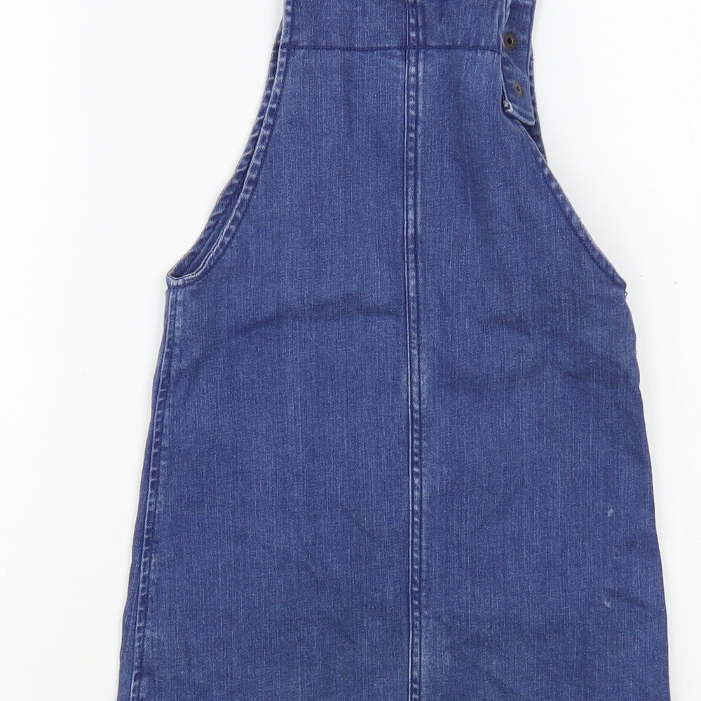 Marks and Spencer Girls Blue  Cotton Pinafore/Dungaree Dress  Size 5-6 Years  Square Neck Snap