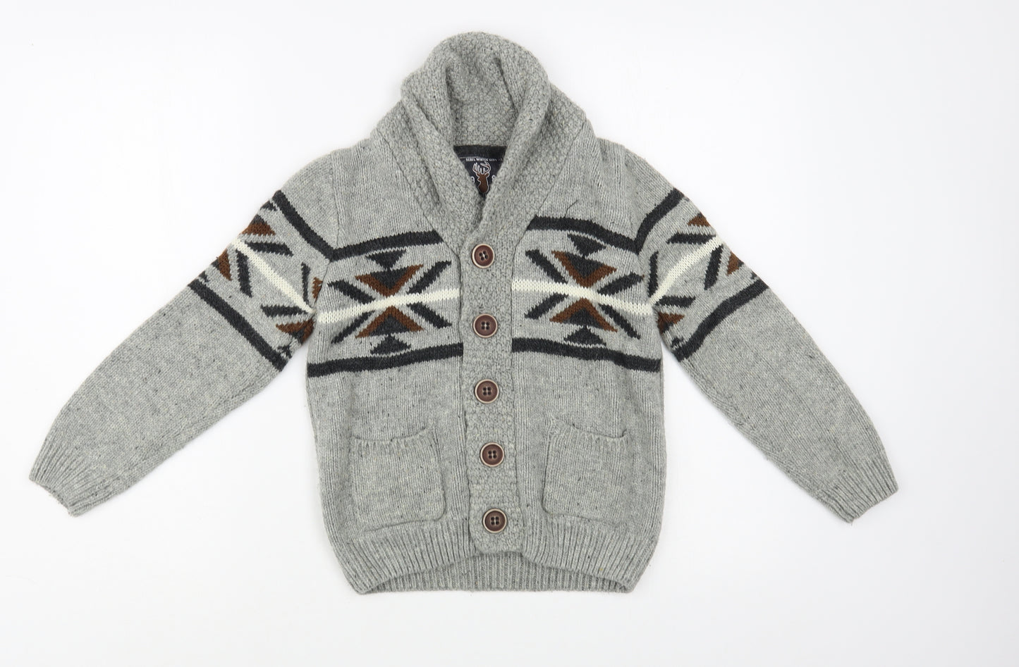 Primark Boys Grey Collared Geometric Acrylic Cardigan Jumper Size 8-9 Years  Button