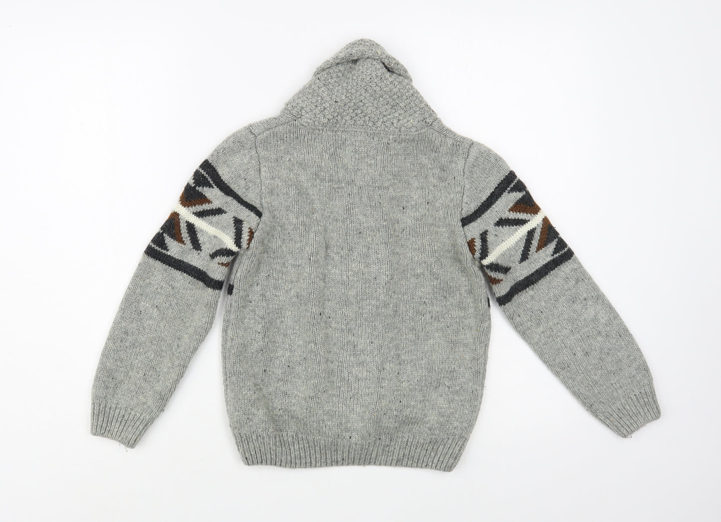 Primark Boys Grey Collared Geometric Acrylic Cardigan Jumper Size 8-9 Years  Button