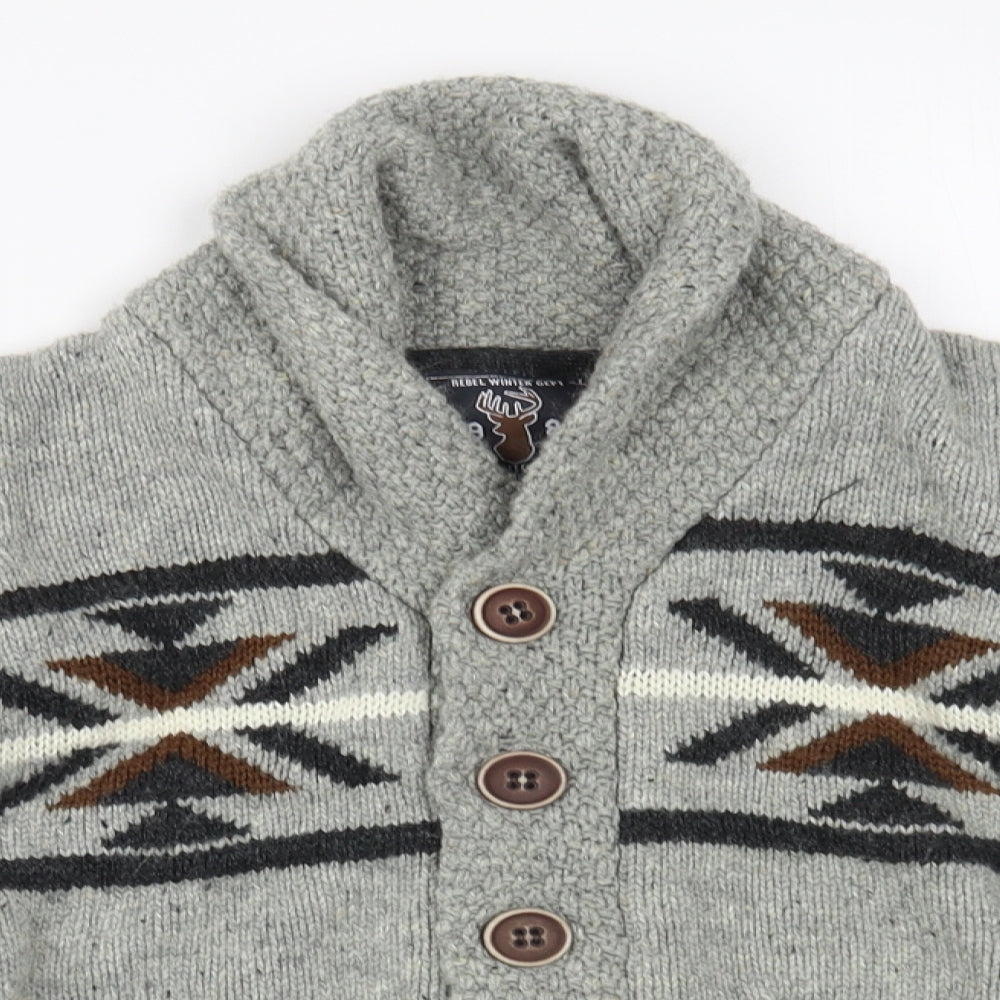 Primark Boys Grey Collared Geometric Acrylic Cardigan Jumper Size 8-9 Years  Button