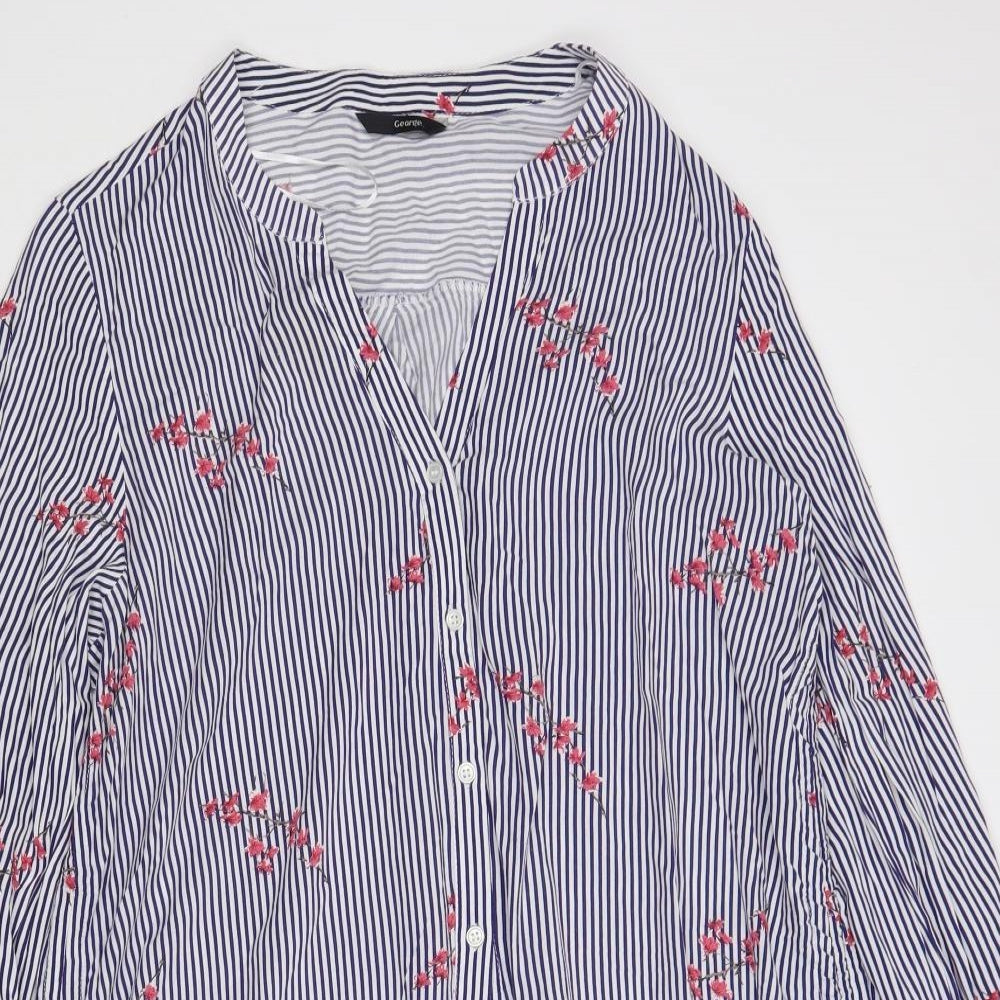 George Womens Blue Striped Viscose Tunic Button-Up Size 16 V-Neck