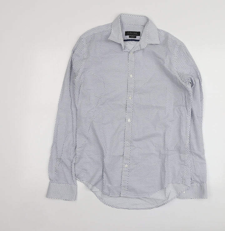 Zara Mens Blue Geometric Cotton Button-Up Size M Collared