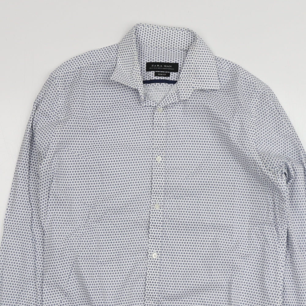 Zara Mens Blue Geometric Cotton  Button-Up Size M Collared