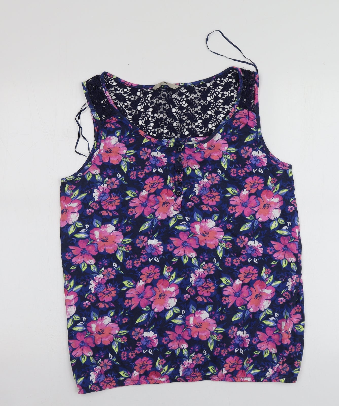 TU Womens Blue Floral Cotton Basic T-Shirt Size 16 Round Neck