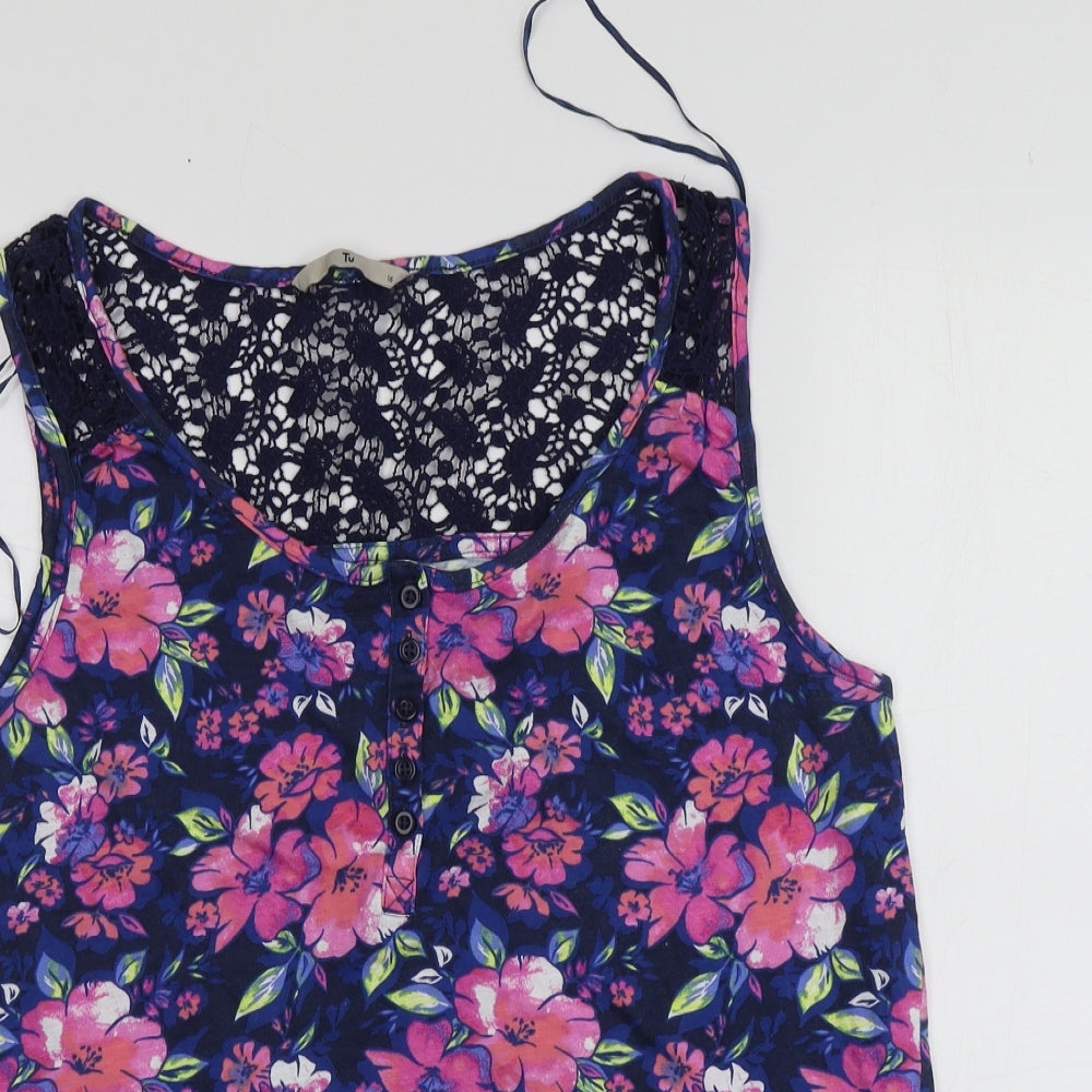TU Womens Blue Floral Cotton Basic T-Shirt Size 16 Round Neck