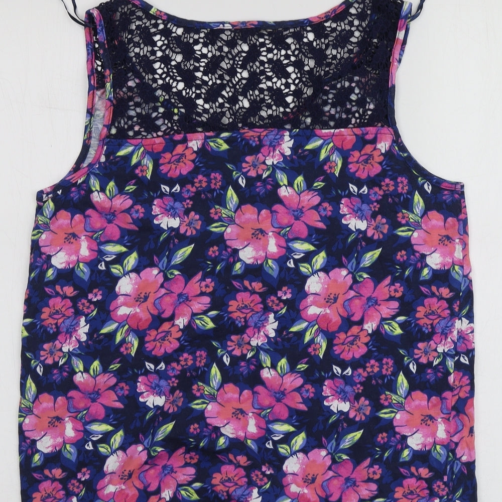 TU Womens Blue Floral Cotton Basic T-Shirt Size 16 Round Neck