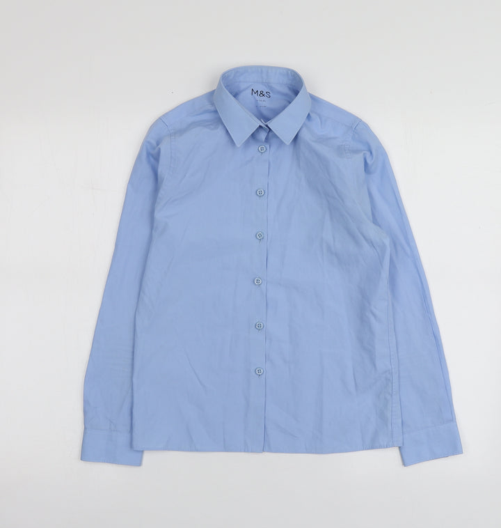 M&S Boys Blue Polyester Basic Button-Up Size 11-12 Years Collared