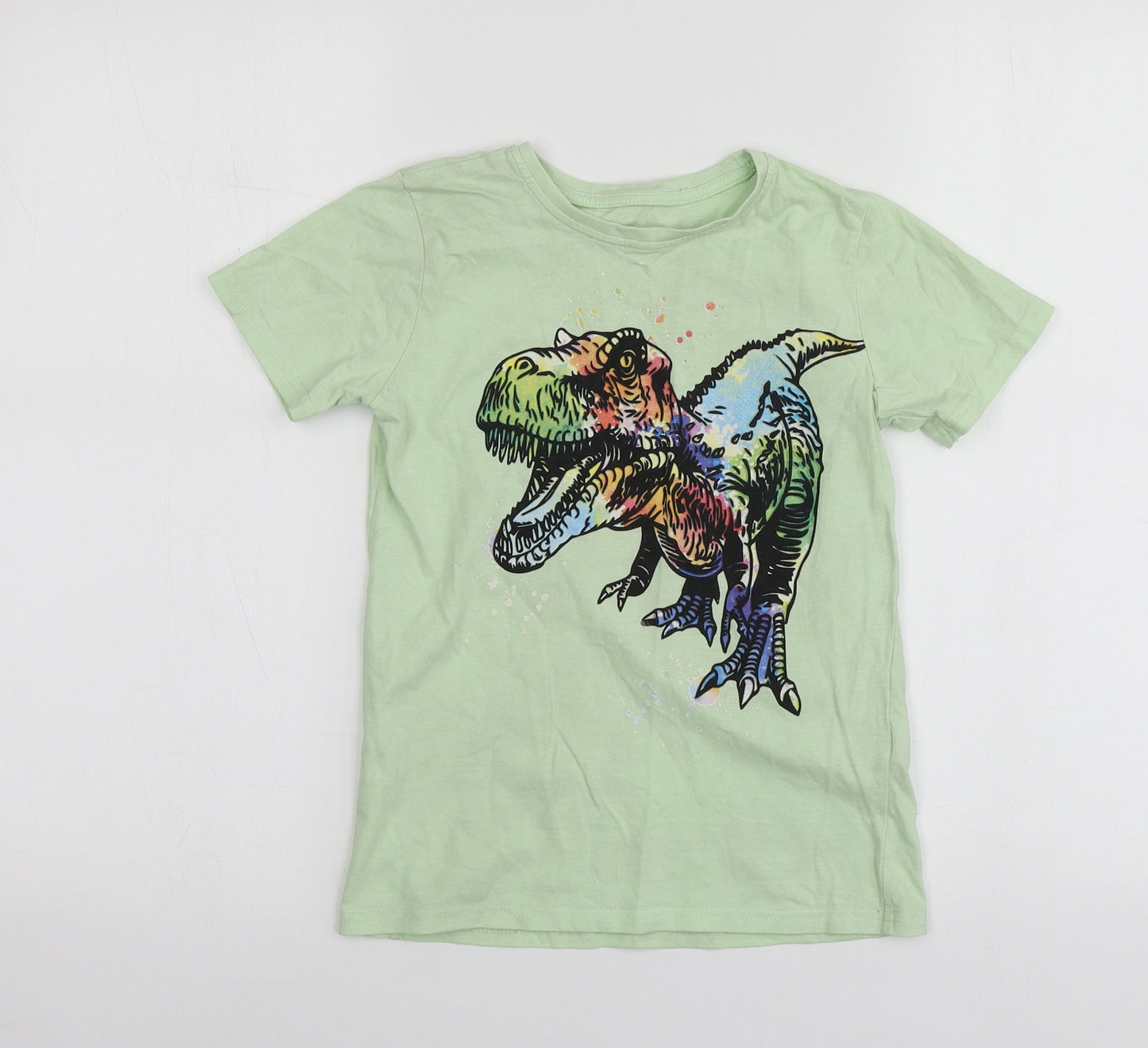 Dunnes Stores Boys Green Geometric Cotton Basic T-Shirt Size 7-8 Years Round Neck