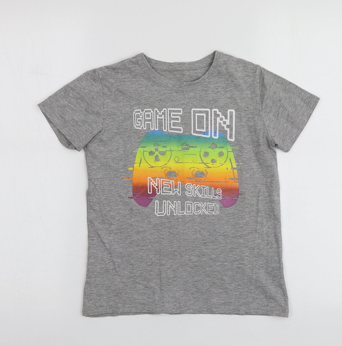 Dunnes Stores Boys Grey Geometric Cotton Basic T-Shirt Size 9-10 Years Round Neck