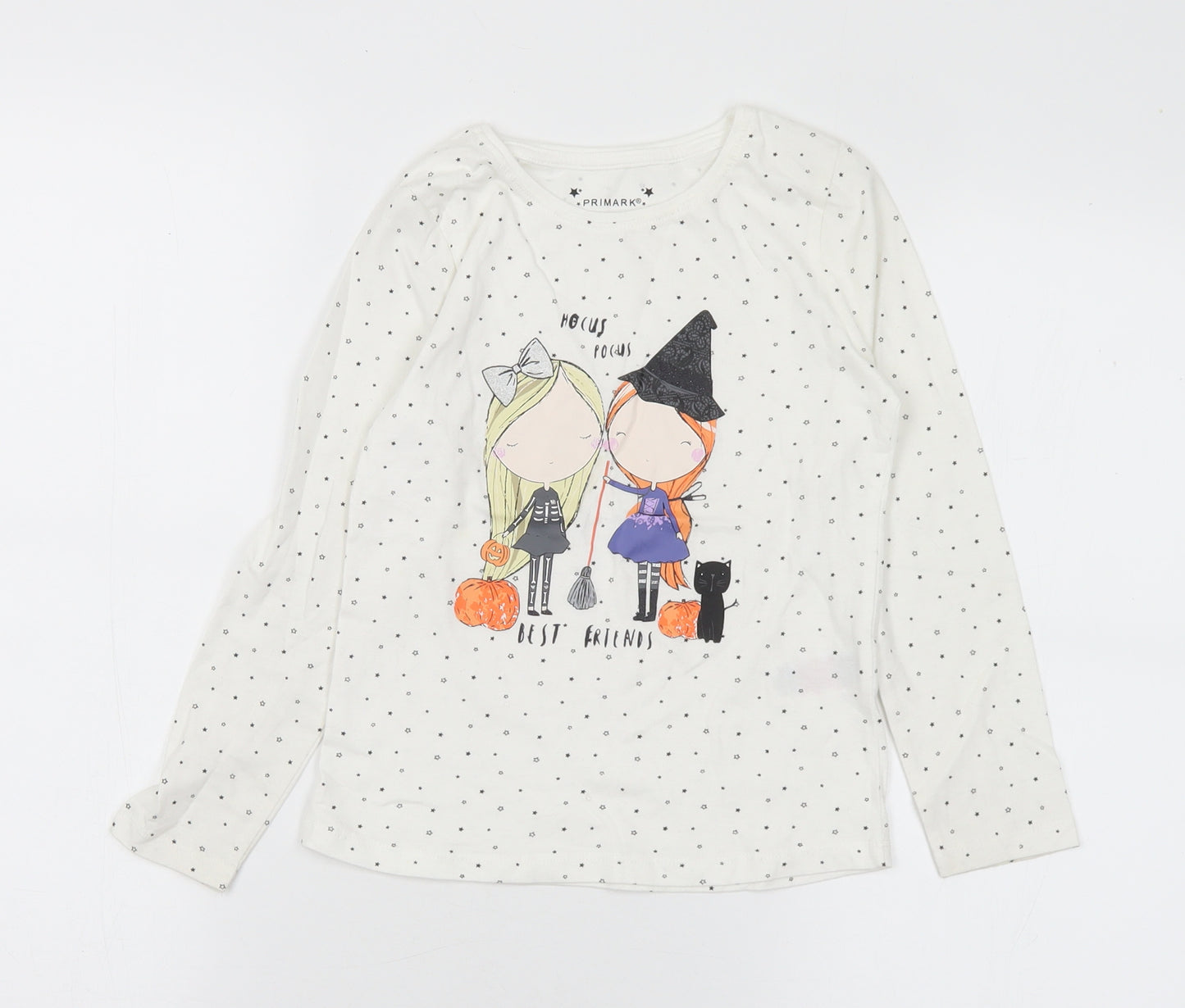 Primark Girls White Geometric Cotton Basic T-Shirt Size 5-6 Years Round Neck  - Halloween