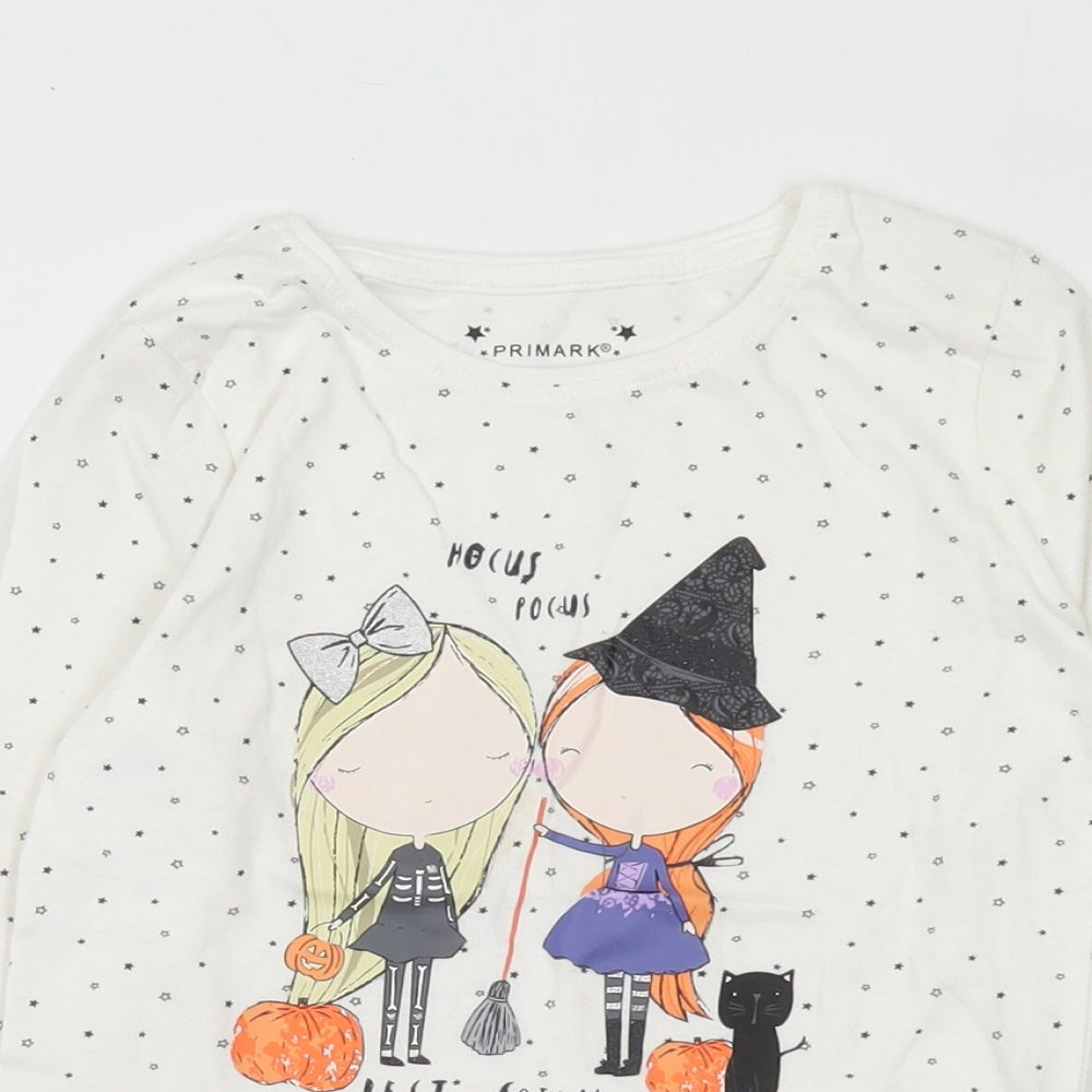 Primark Girls White Geometric Cotton Basic T-Shirt Size 5-6 Years Round Neck  - Halloween