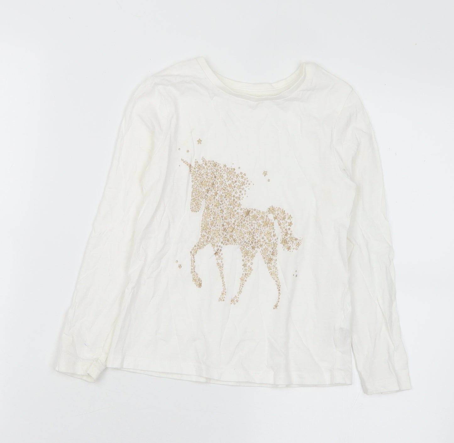 Dunnes Stores Girls White  Cotton Basic T-Shirt Size 5-6 Years Round Neck  - Unicorn