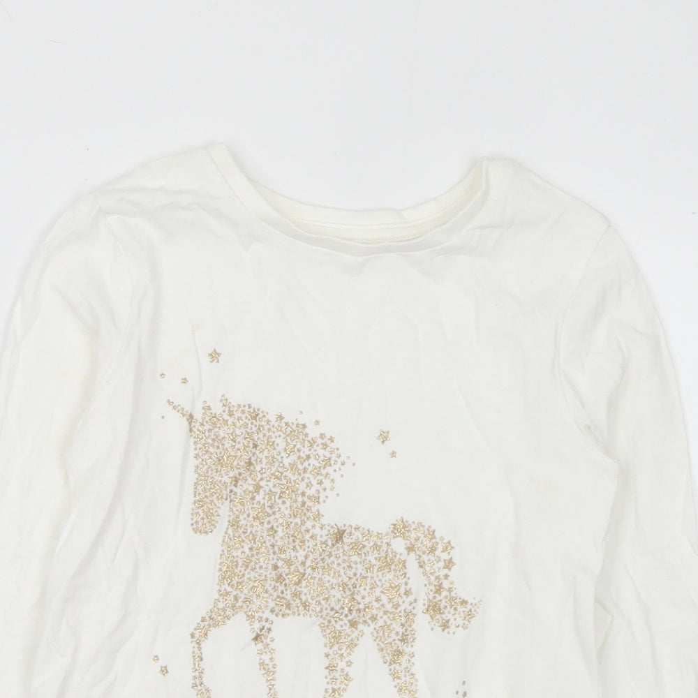 Dunnes Stores Girls White  Cotton Basic T-Shirt Size 5-6 Years Round Neck  - Unicorn