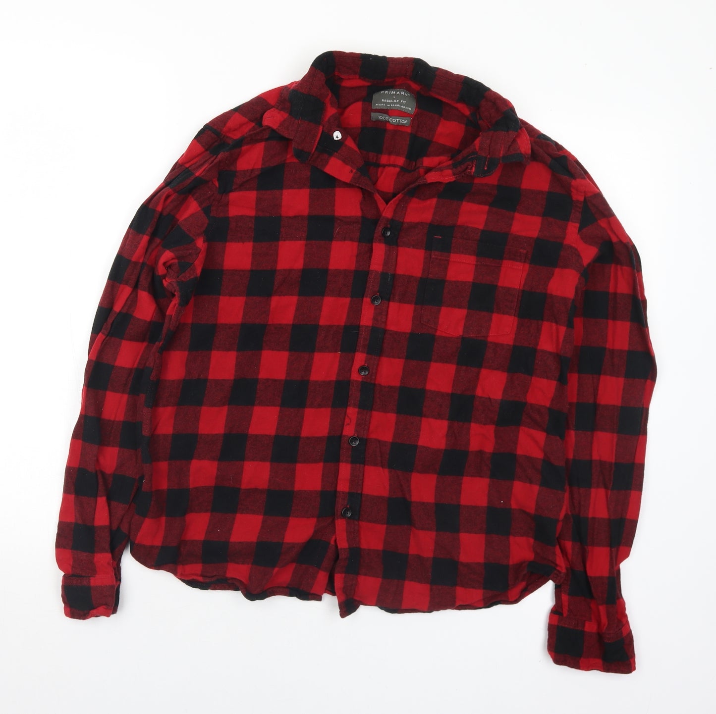 Primark Mens Red Plaid Cotton  Button-Up Size L Collared Button