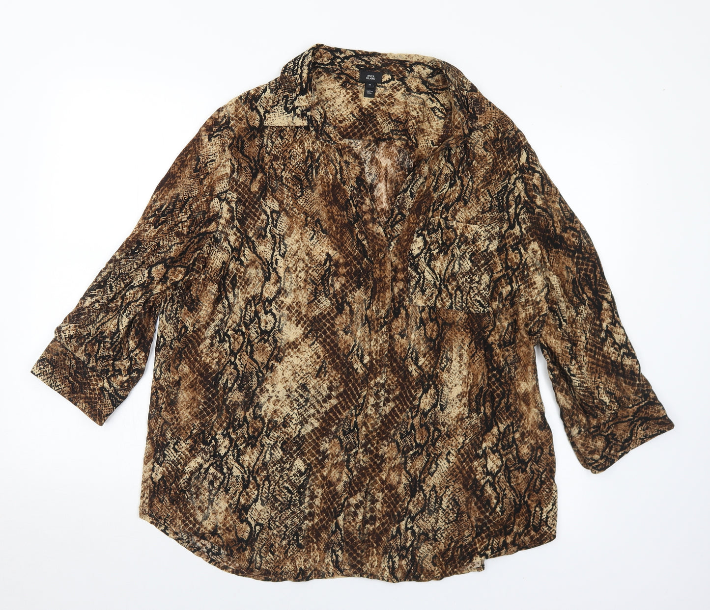 River Island Womens Brown Animal Print Viscose Basic Blouse Size 16 Collared