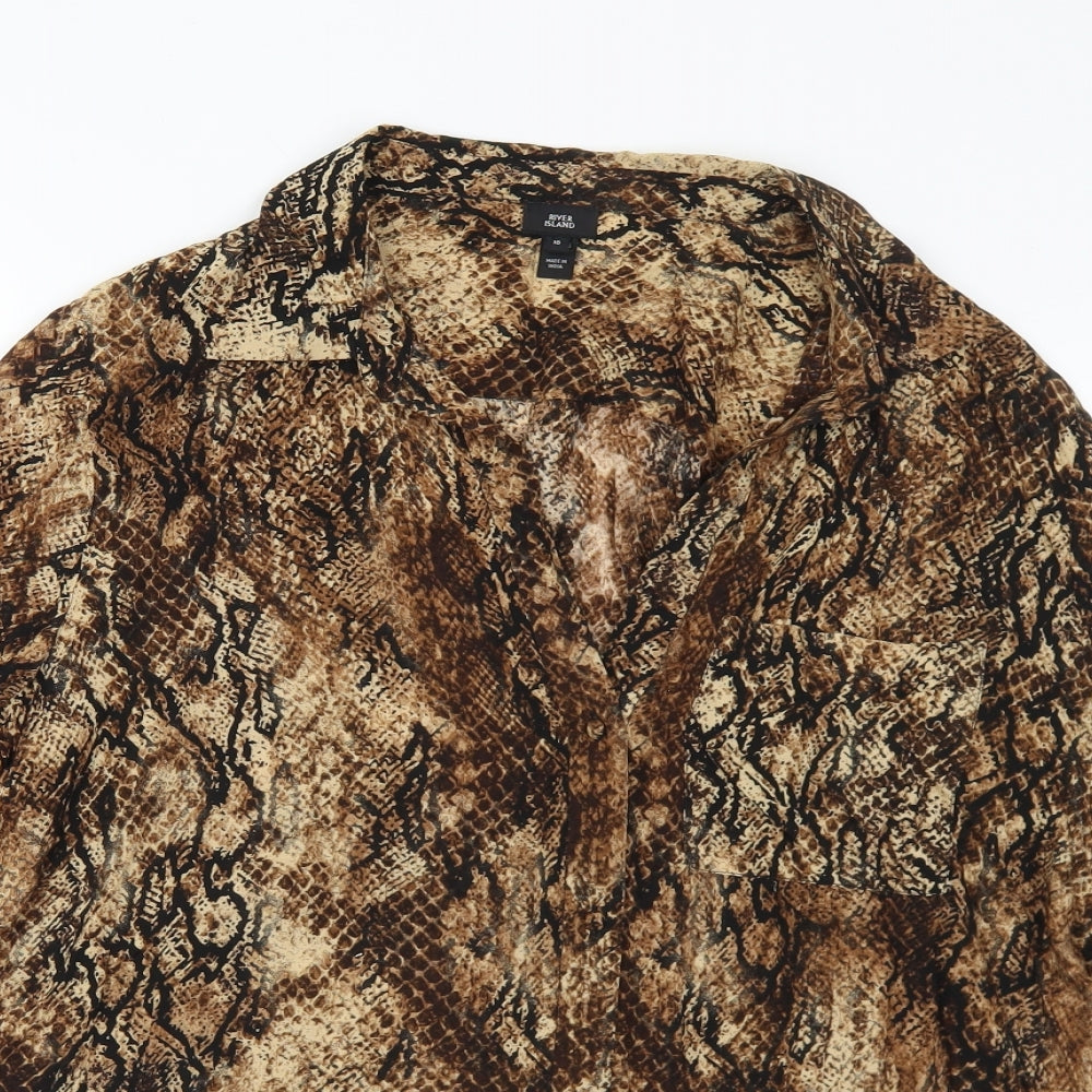 River Island Womens Brown Animal Print Viscose Basic Blouse Size 16 Collared