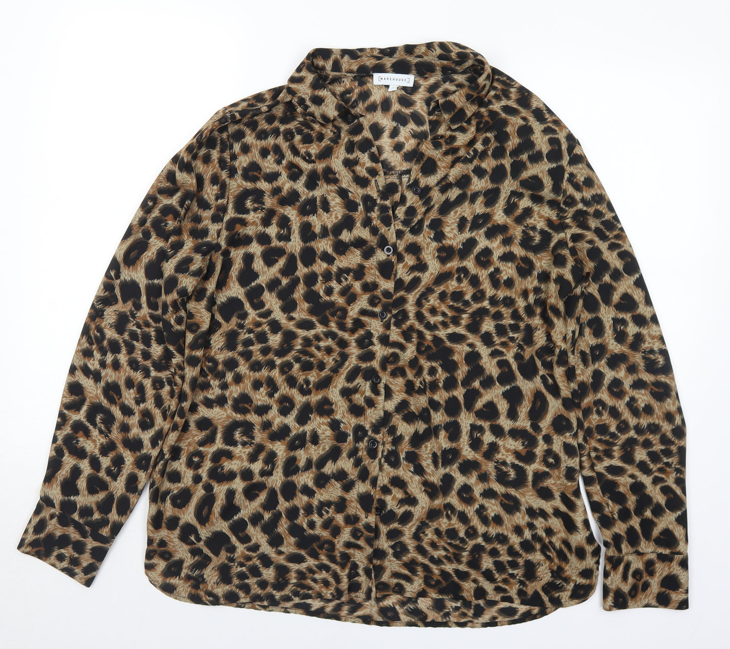 Warehouse Womens Brown Animal Print Polyester Basic Blouse Size 14 Collared