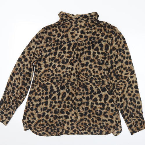 Warehouse Womens Brown Animal Print Polyester Basic Blouse Size 14 Collared