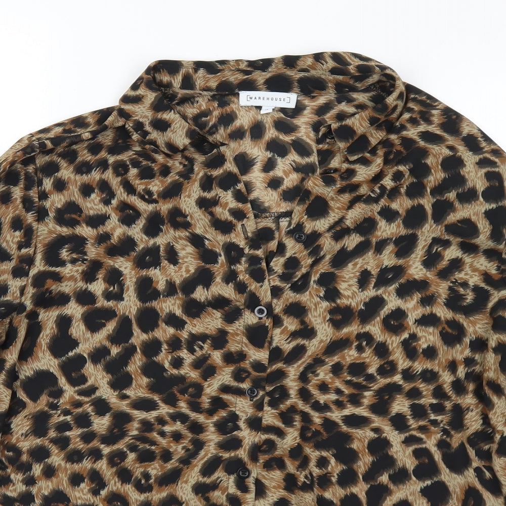 Warehouse Womens Brown Animal Print Polyester Basic Blouse Size 14 Collared