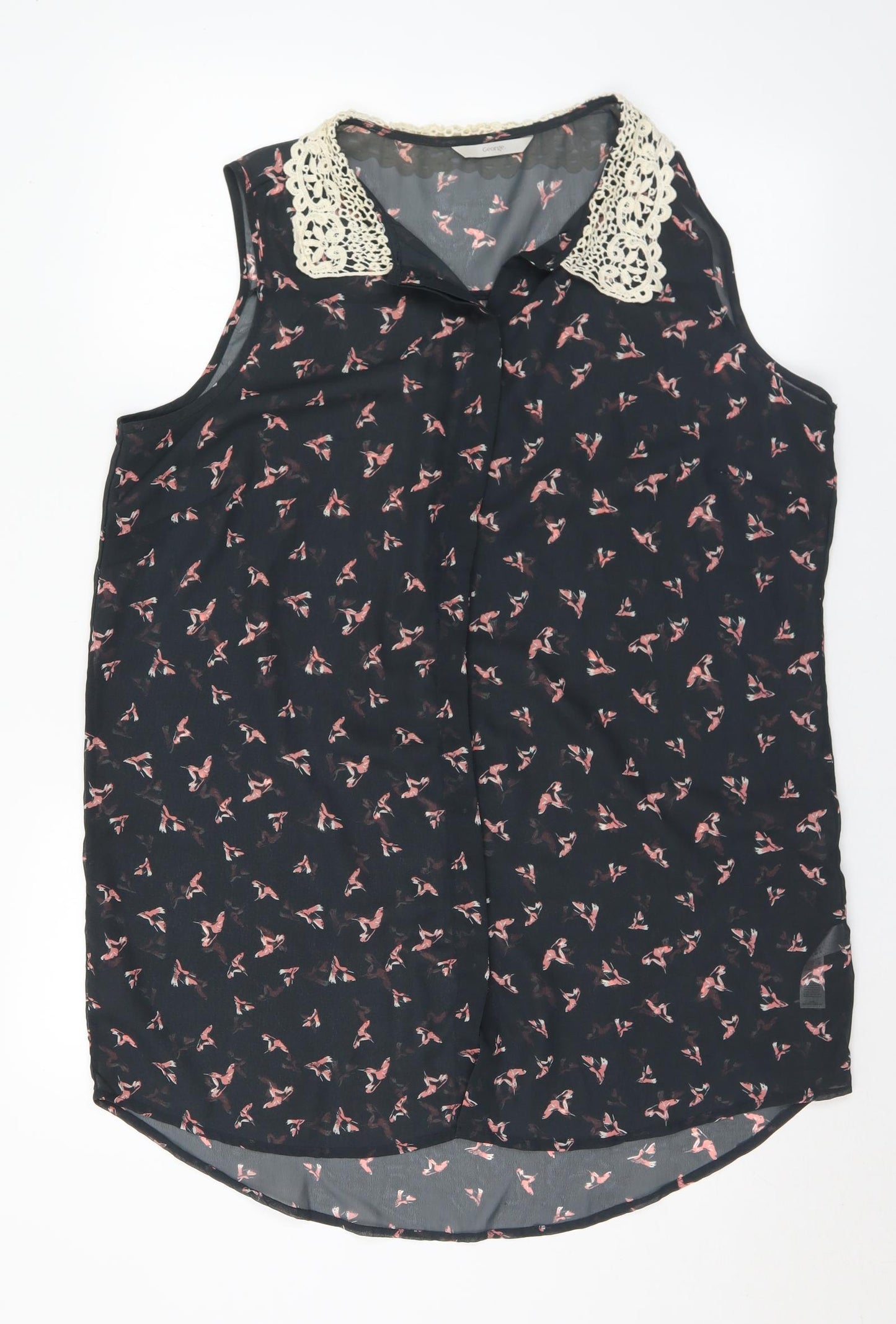 George Womens Black Geometric Polyester Tunic Blouse Size 18 Collared - Birds
