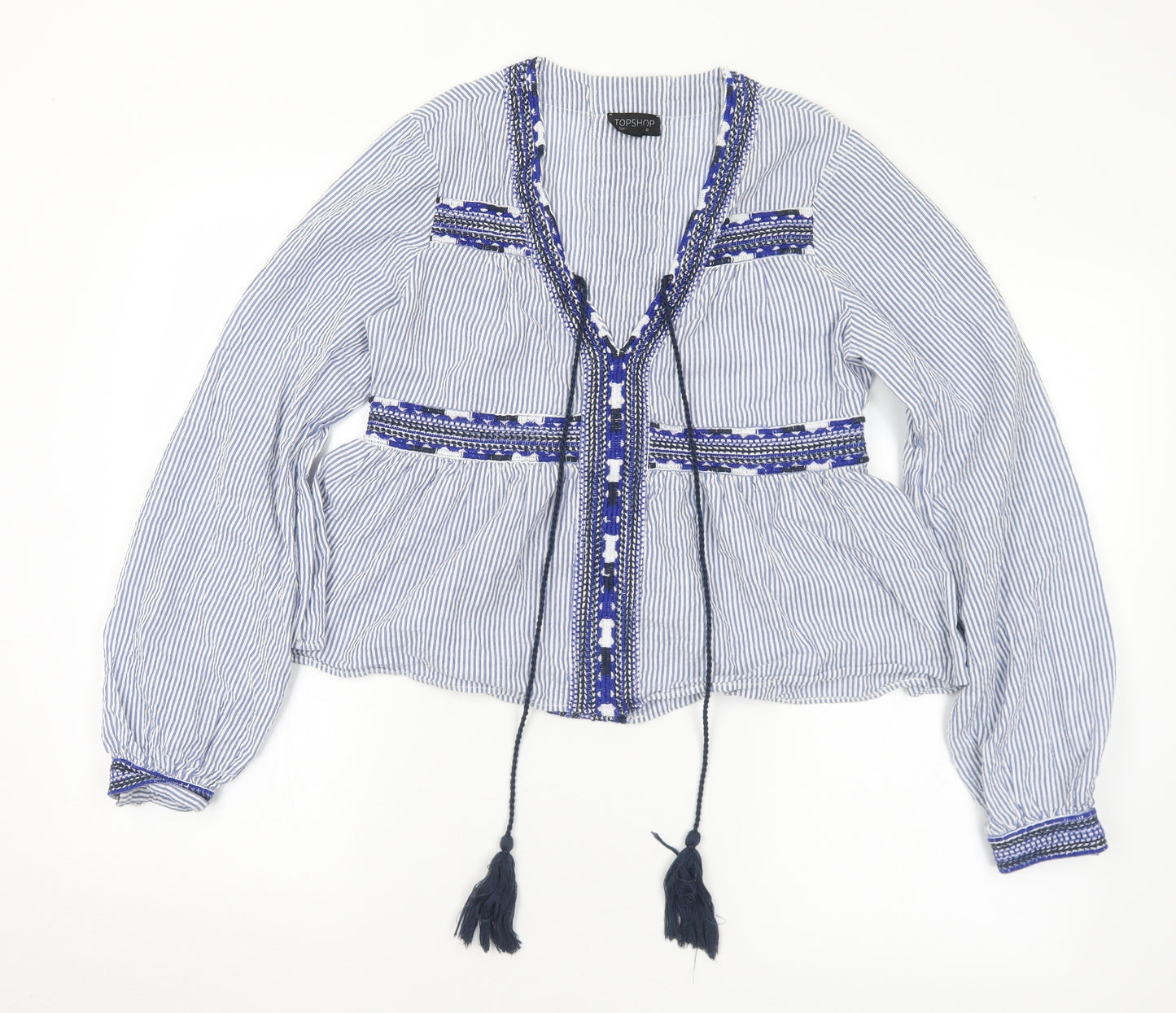 Topshop Womens Blue Striped Cotton Basic Blouse Size 10 V-Neck