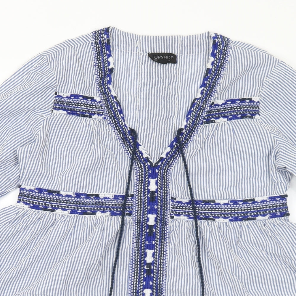Topshop Womens Blue Striped Cotton Basic Blouse Size 10 V-Neck