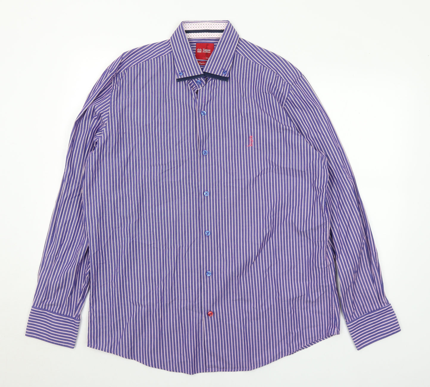 6th Sense Mens Blue Striped Cotton  Dress Shirt Size XL Collared Button