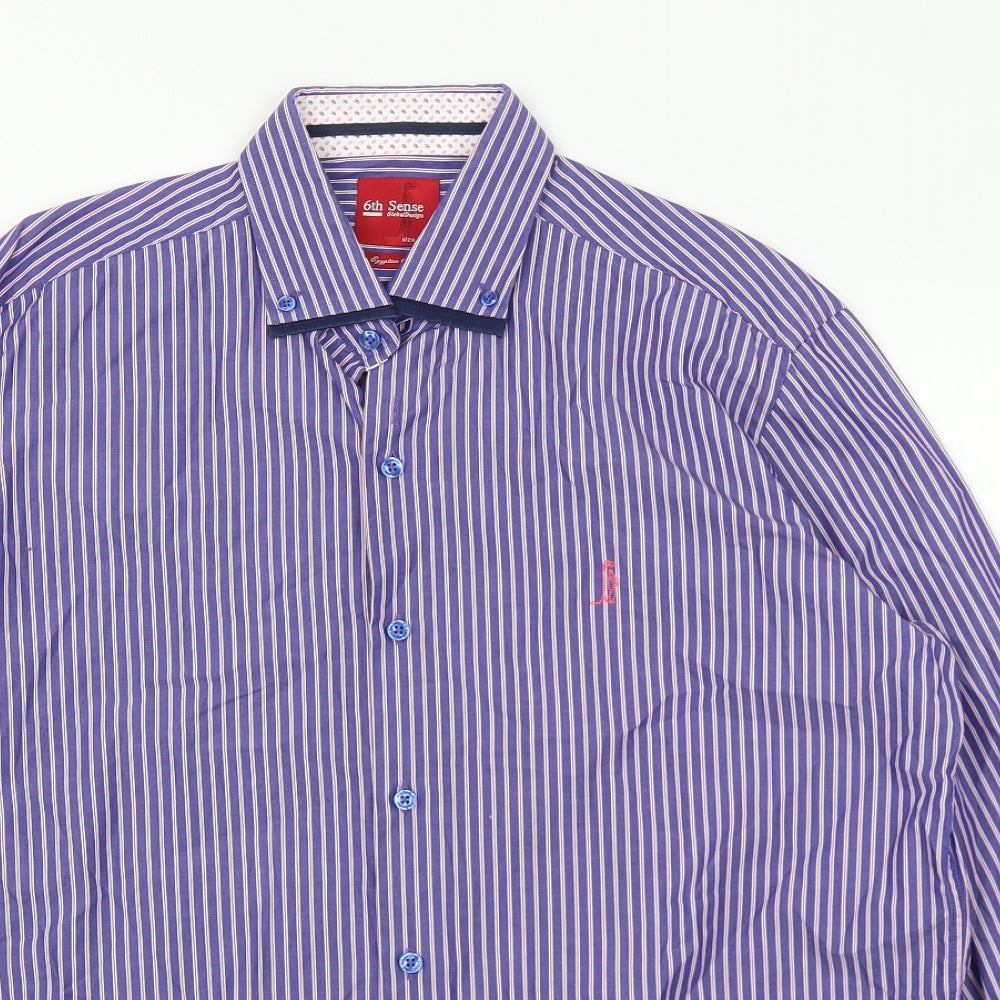 6th Sense Mens Blue Striped Cotton  Dress Shirt Size XL Collared Button