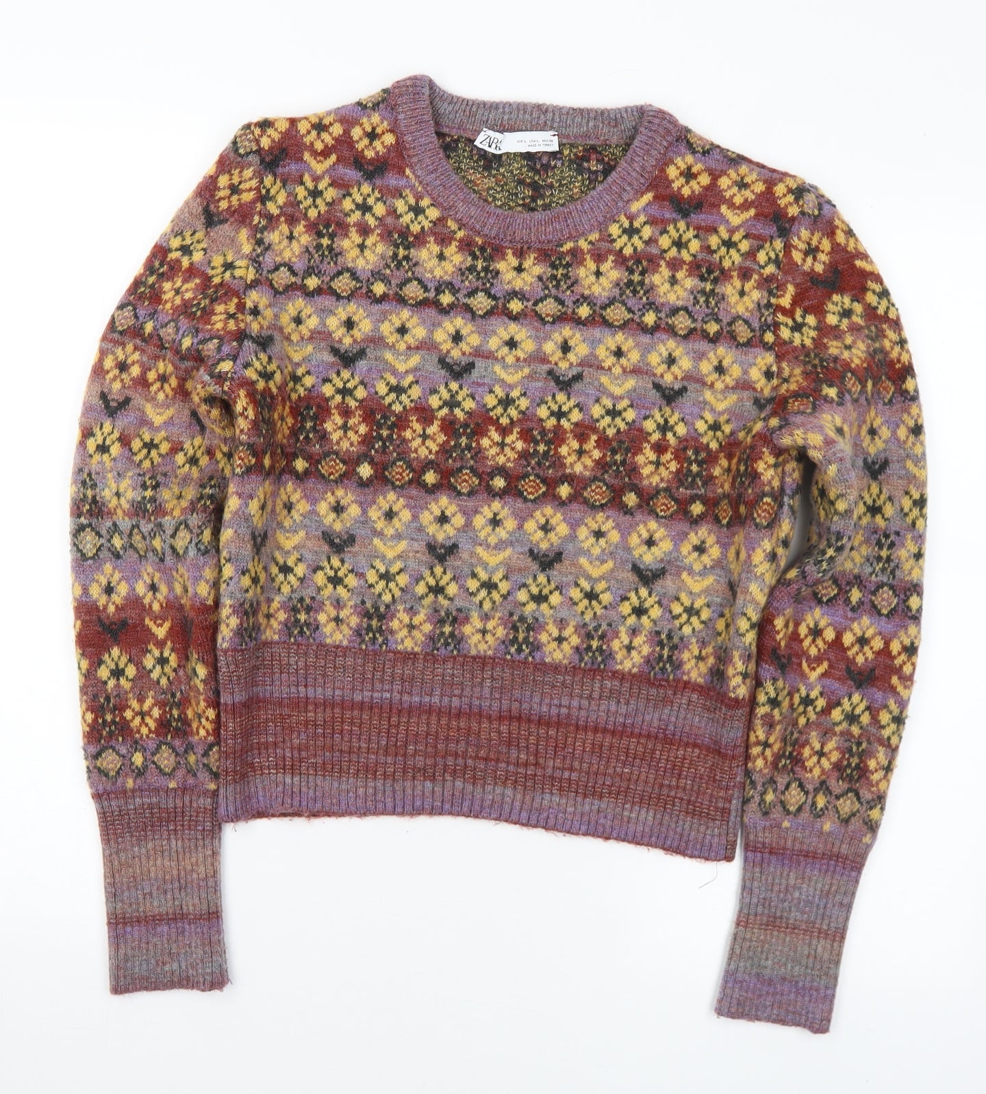 Zara Womens Multicoloured Crew Neck Geometric Acrylic Pullover Jumper Size L