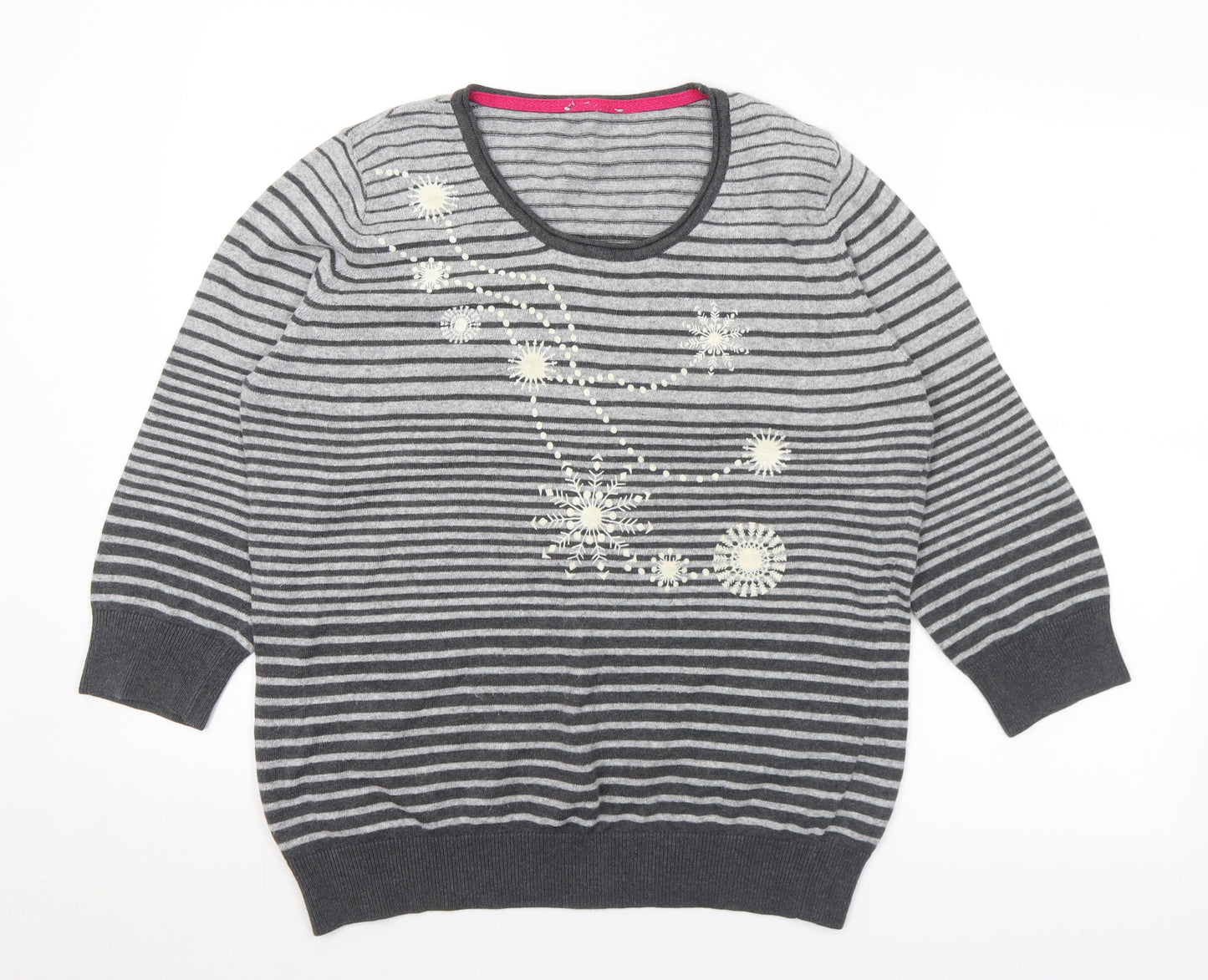 Marks and Spencer Womens Grey Round Neck Striped Cotton Pullover Jumper Size 16
