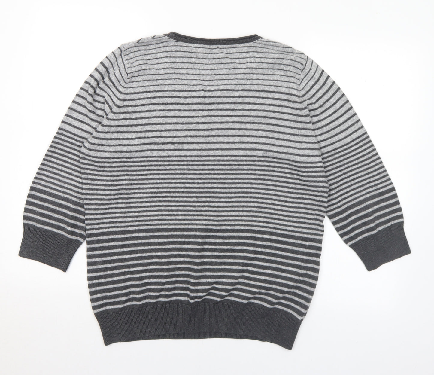Marks and Spencer Womens Grey Round Neck Striped Cotton Pullover Jumper Size 16
