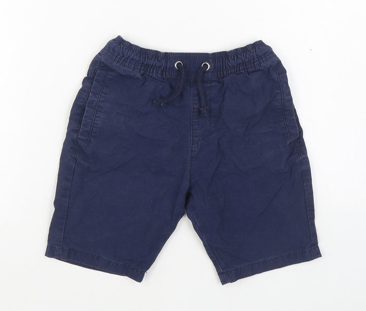 Marks and Spencer Boys Blue 100% Cotton Cargo Shorts Size 7-8 Years Regular Tie